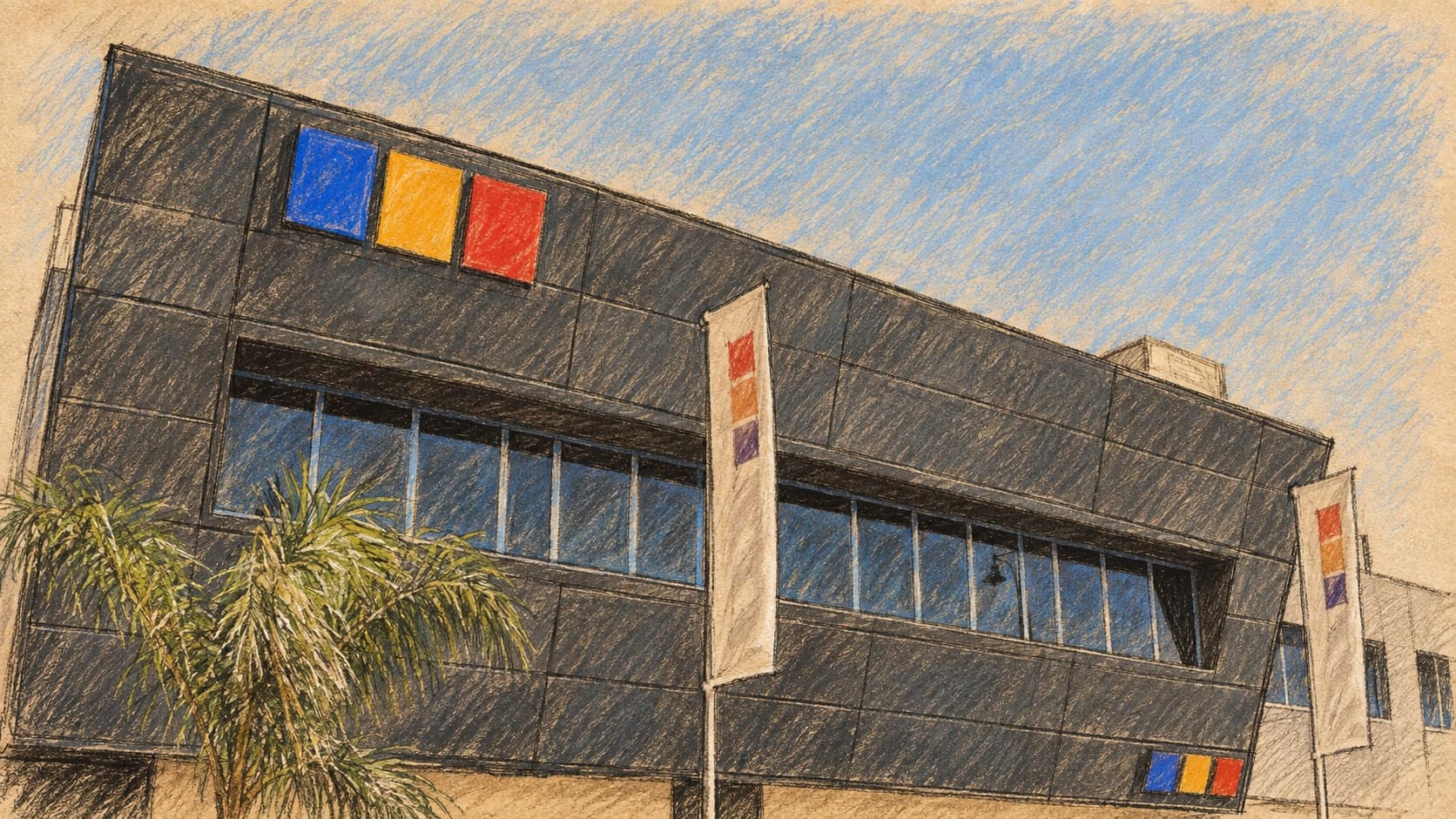 Courtroom-sketch editorial illustration of the dark facade of an Israeli home-furnishings retail building viewed from below, with window bands, palm fronds and vertical banners in warm ochre and slate-blue pastel on sepia newsprint.