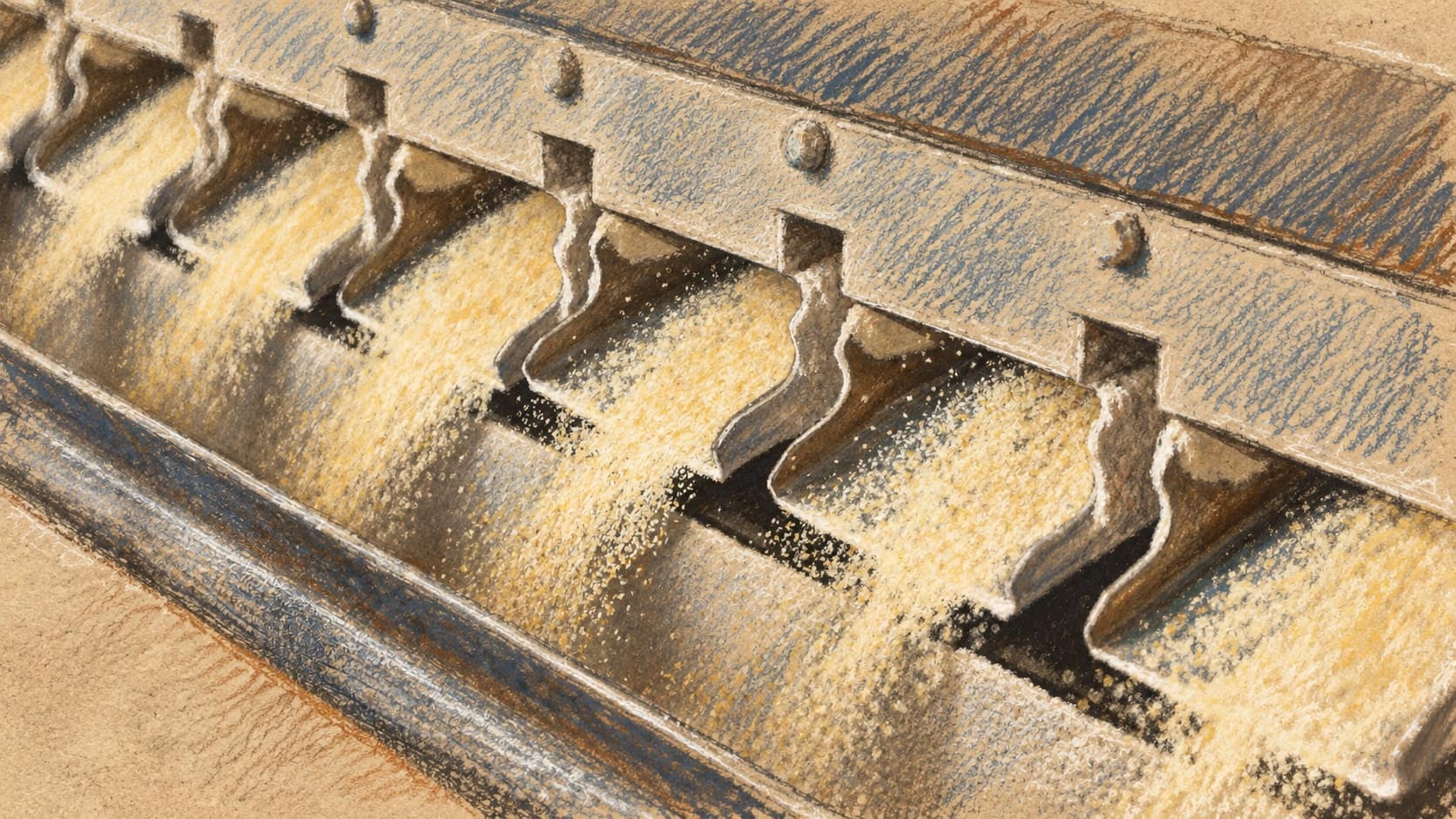 Courtroom-sketch editorial illustration of industrial flour-processing machinery dispensing pale flour across several metal channels, rendered in warm ochre and slate-blue pastel strokes.
