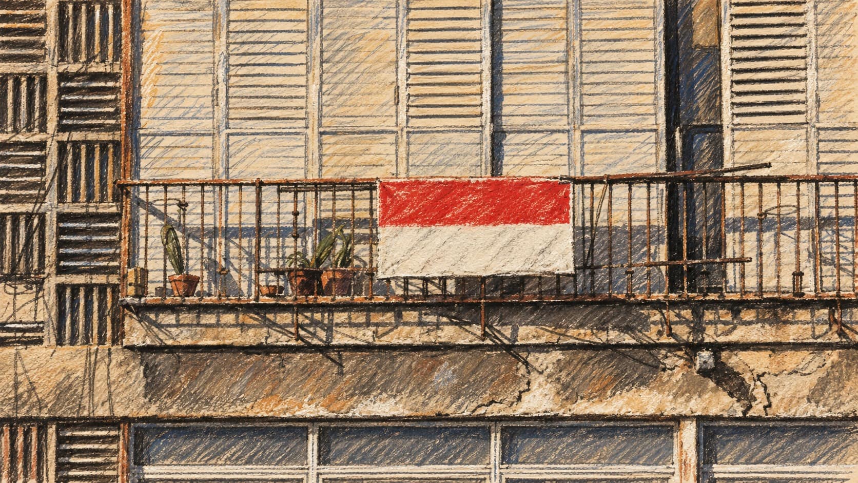 Courtroom-sketch editorial illustration of a weathered apartment facade with shuttered windows, an iron balcony, potted plants, and a red-and-white rental placard, drawn in warm ochre and slate-blue pastel with cross-hatching on sepia newsprint.