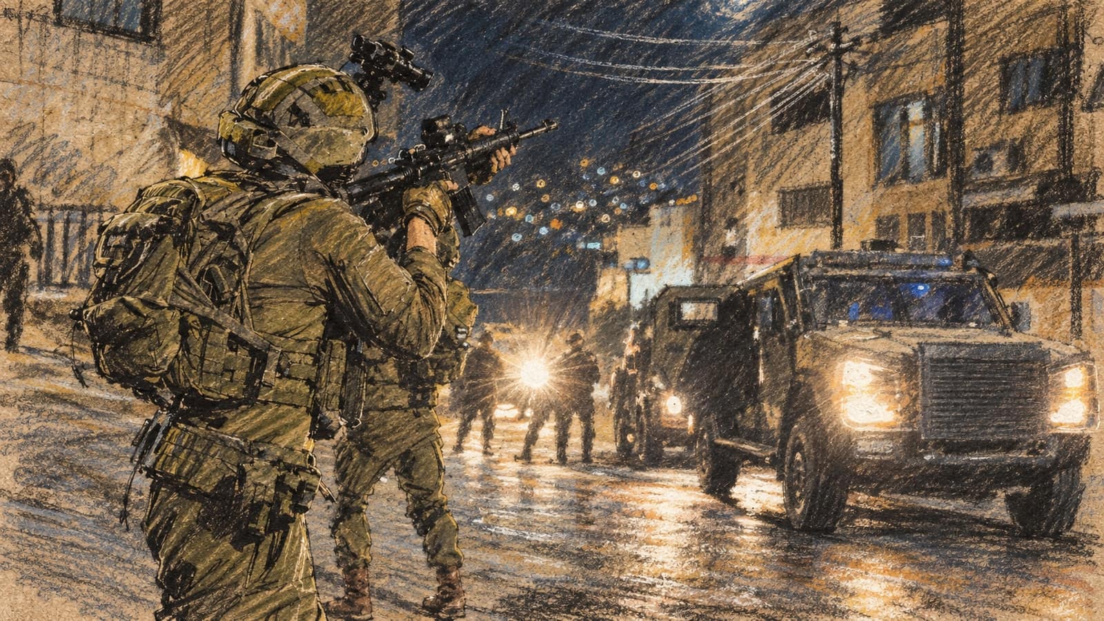 Courtroom-sketch editorial illustration of IDF soldiers advancing along a wet urban street at night, with the foreground soldier aiming a rifle and an armored vehicle approaching under bright headlights, drawn in warm ochre and slate-blue pastel with cross-hatching on sepia newsprint.