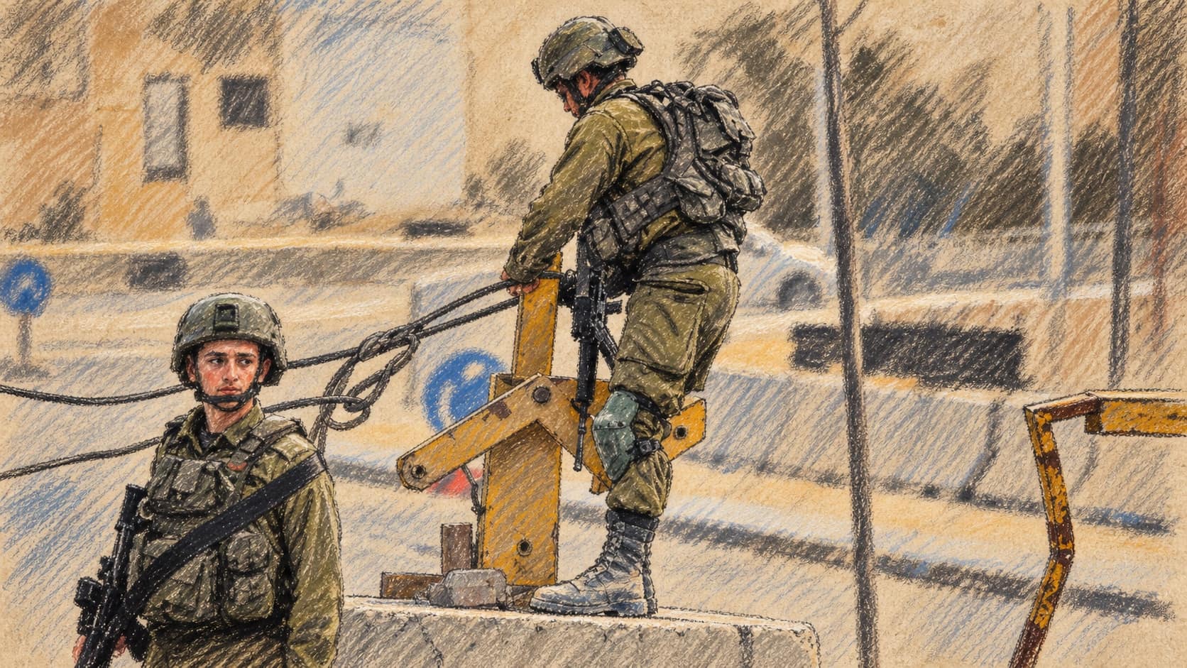 Courtroom-sketch editorial illustration of two Israeli soldiers at a Hebron roadblock, one beside a concrete barrier and the other standing atop it while handling cables near a yellow gate, drawn in warm ochre and slate-blue pastel with cross-hatching on sepia newsprint.