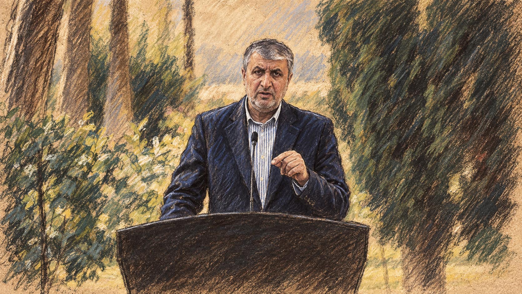 Courtroom-sketch editorial illustration of Mohammad Eslami speaking outdoors behind a dark lectern, framed by trees and garden shrubs, drawn in warm ochre and slate-blue pastel with cross-hatching on sepia newsprint.