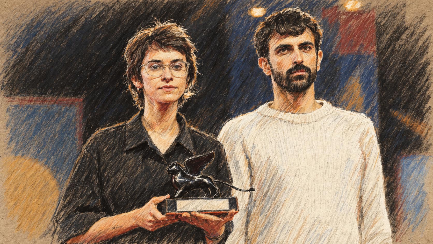 Courtroom-sketch editorial illustration of two filmmakers standing side by side on an event stage, with the woman in a black collared shirt holding a black sculptural award and the bearded man beside her wearing a white sweater, drawn in warm ochre and slate-blue pastel with cross-hatching on sepia newsprint.
