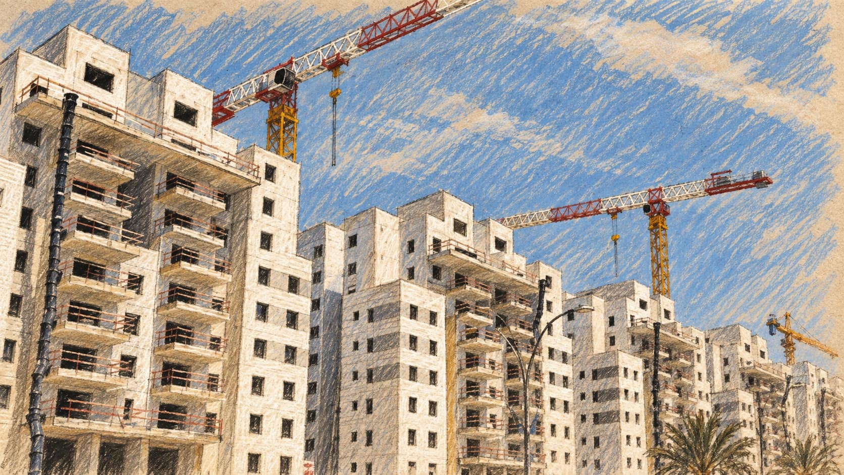 Courtroom-sketch editorial illustration of unfinished white apartment towers beneath multiple red-and-yellow construction cranes under a blue sky, with a palm tree at the right edge, drawn in warm ochre and slate-blue pastel with cross-hatching on sepia newsprint.