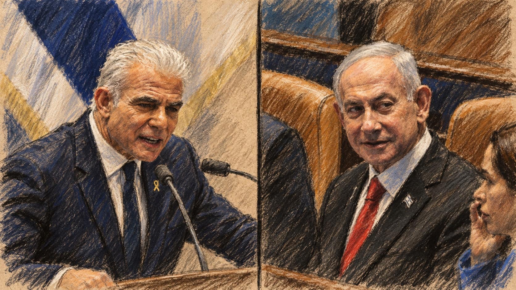 Courtroom-sketch editorial illustration showing Yair Lapid speaking at a lectern beside a split-frame view of Benjamin Netanyahu seated in the Knesset chamber, drawn in warm ochre and slate-blue pastel with cross-hatching on sepia newsprint.