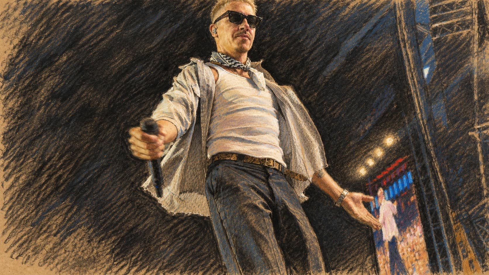 Courtroom-sketch editorial illustration of Macklemore wearing sunglasses and holding a microphone on a dark concert stage, viewed from a low angle with rigging and lights at right, drawn in warm ochre and slate-blue pastel with cross-hatching on sepia newsprint.