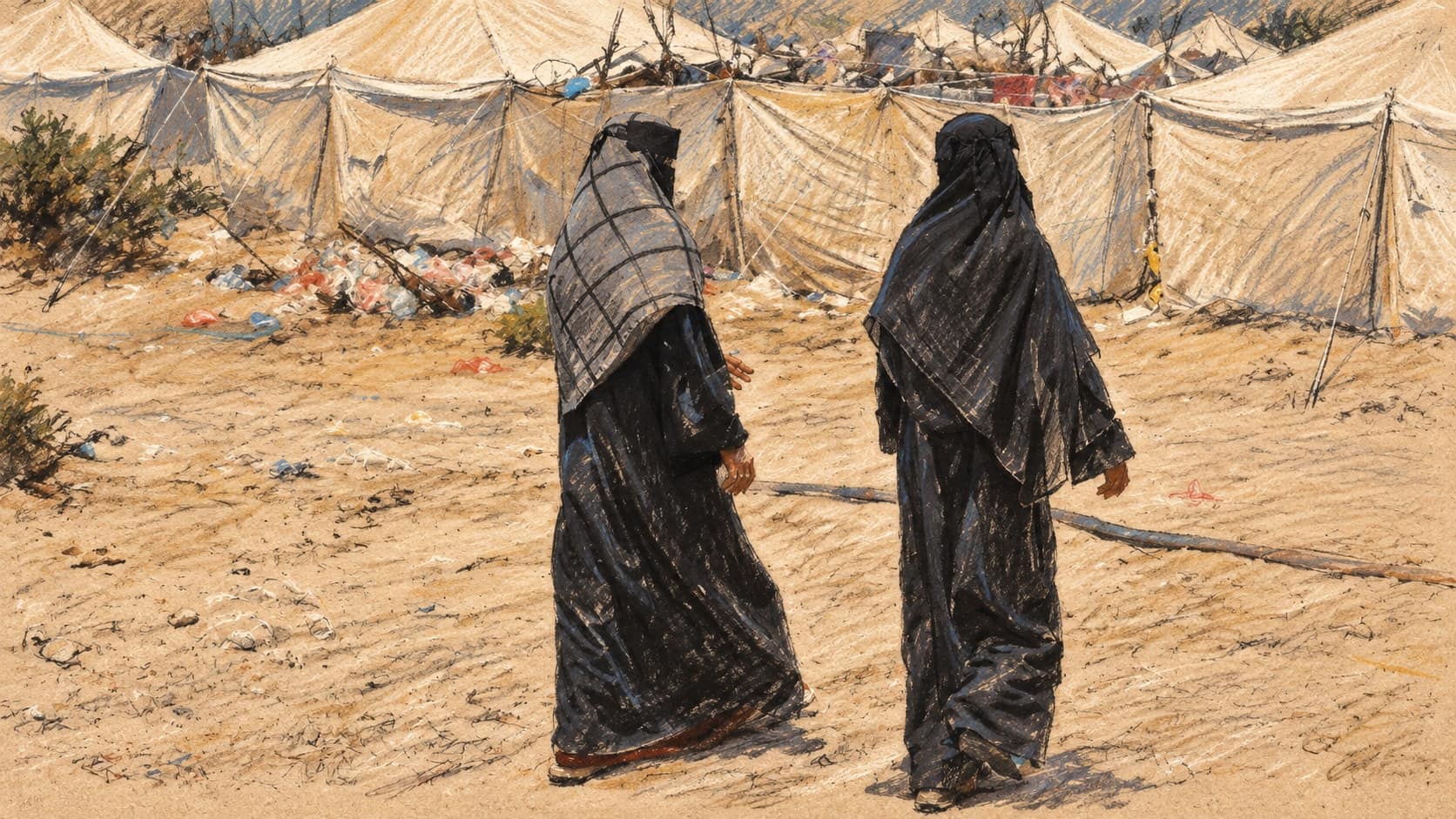 Courtroom-sketch editorial illustration of two women in black robes and head coverings standing amid rows of white displacement tents on dusty ground, rendered in warm ochre and slate-blue pastel strokes.