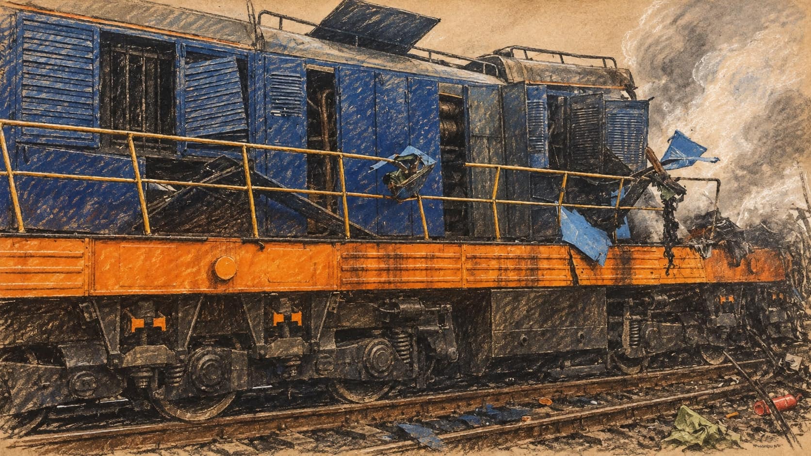 Courtroom-sketch editorial illustration of a heavily damaged blue-and-orange freight locomotive on railway tracks, with its front section torn open amid smoke and debris, rendered in warm ochre and slate-blue pastel strokes.
