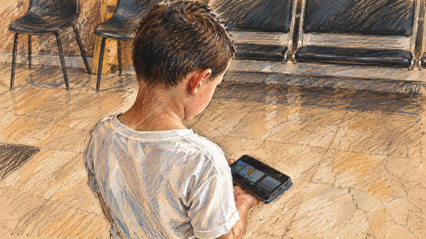 Courtroom-sketch editorial illustration of a young boy viewed from behind in a municipal waiting area, looking down at a smartphone held in both hands with rows of waiting chairs behind him, drawn in warm ochre and slate-blue pastel with cross-hatching on sepia newsprint.