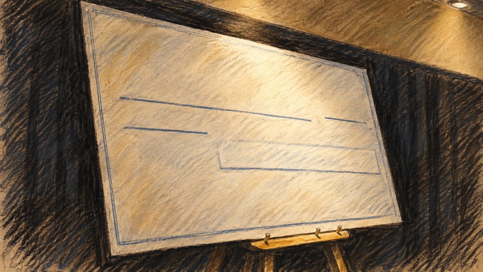 Courtroom-sketch editorial illustration of a large ceremonial grant cheque displayed on an easel in a dim indoor venue, rendered in warm ochre and slate-blue pastel strokes.