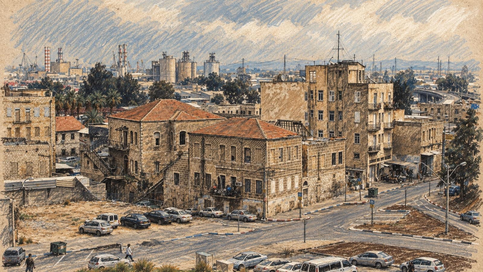 Courtroom-sketch editorial illustration of a broad Wadi Salib road junction in Haifa, with parked cars, small pedestrians, historic stone buildings and the industrial skyline beyond, drawn in warm ochre and slate-blue pastel with cross-hatching on sepia newsprint.