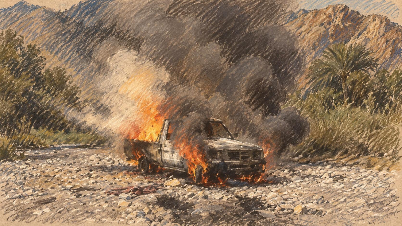 Courtroom-sketch editorial illustration of a pickup truck burning on a rocky track beneath thick smoke, with vegetation and a rugged mountain ridge behind it, drawn in warm ochre and slate-blue pastel with cross-hatching on sepia newsprint.