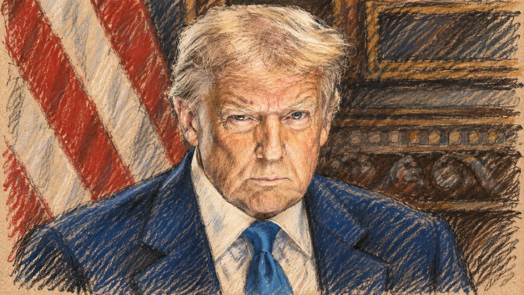 Courtroom-sketch editorial illustration of Donald Trump in a blue suit and tie, facing the viewer before red-and-white U.S. flag stripes and dark carved wood, drawn in warm ochre and slate-blue pastel with cross-hatching on sepia newsprint.