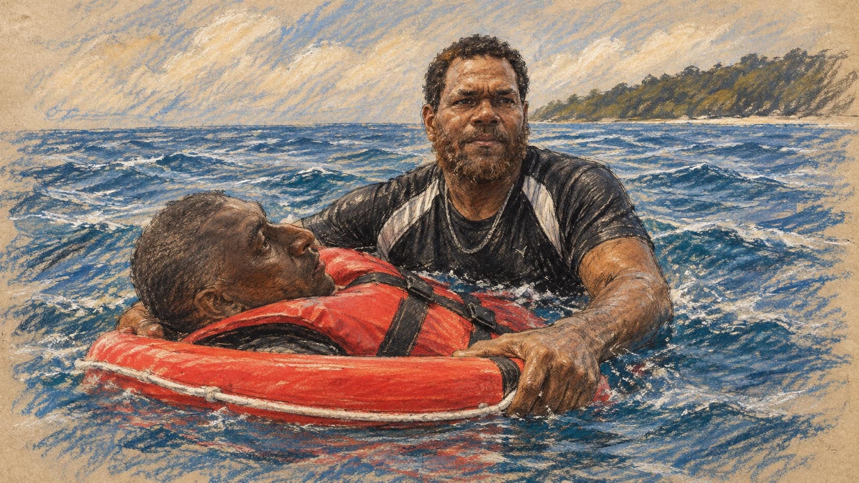 Courtroom-sketch editorial illustration of a rescuer in open water supporting an exhausted ferry survivor in a red life jacket on a red flotation board, rendered in warm ochre and slate-blue pastel strokes.