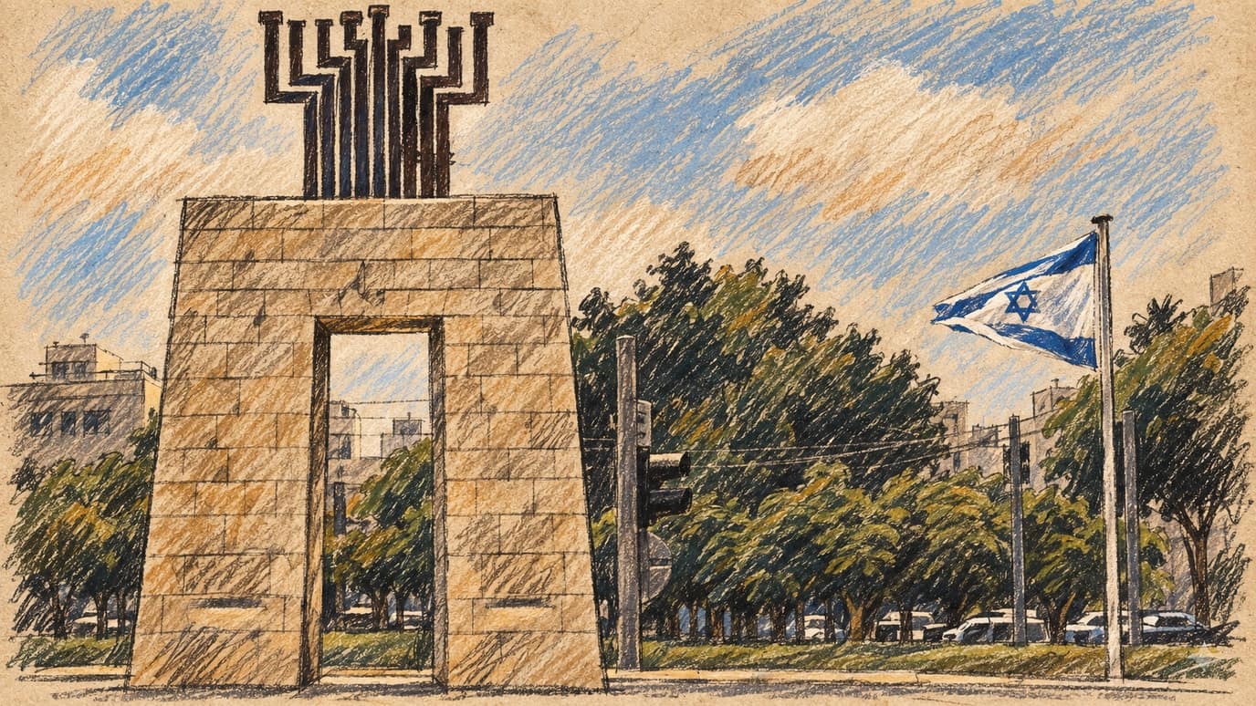 Courtroom-sketch editorial illustration of the Bat Yam defenders' monument on Rothschild Street beside an Israeli flag, trees, and an urban streetscape, drawn in warm ochre and slate-blue pastel with cross-hatching on sepia newsprint.