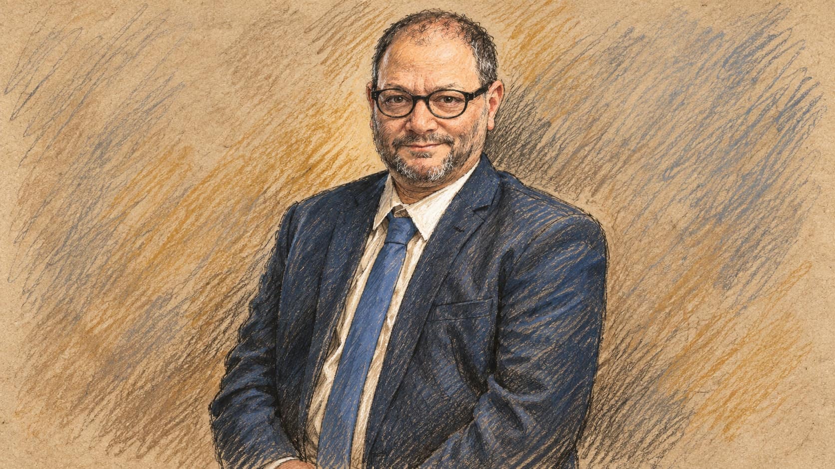 Courtroom-sketch editorial illustration of Ofer Cassif wearing a dark blue suit, white shirt, blue tie and black glasses in a formal portrait against a textured sepia, ochre and slate-blue backdrop.