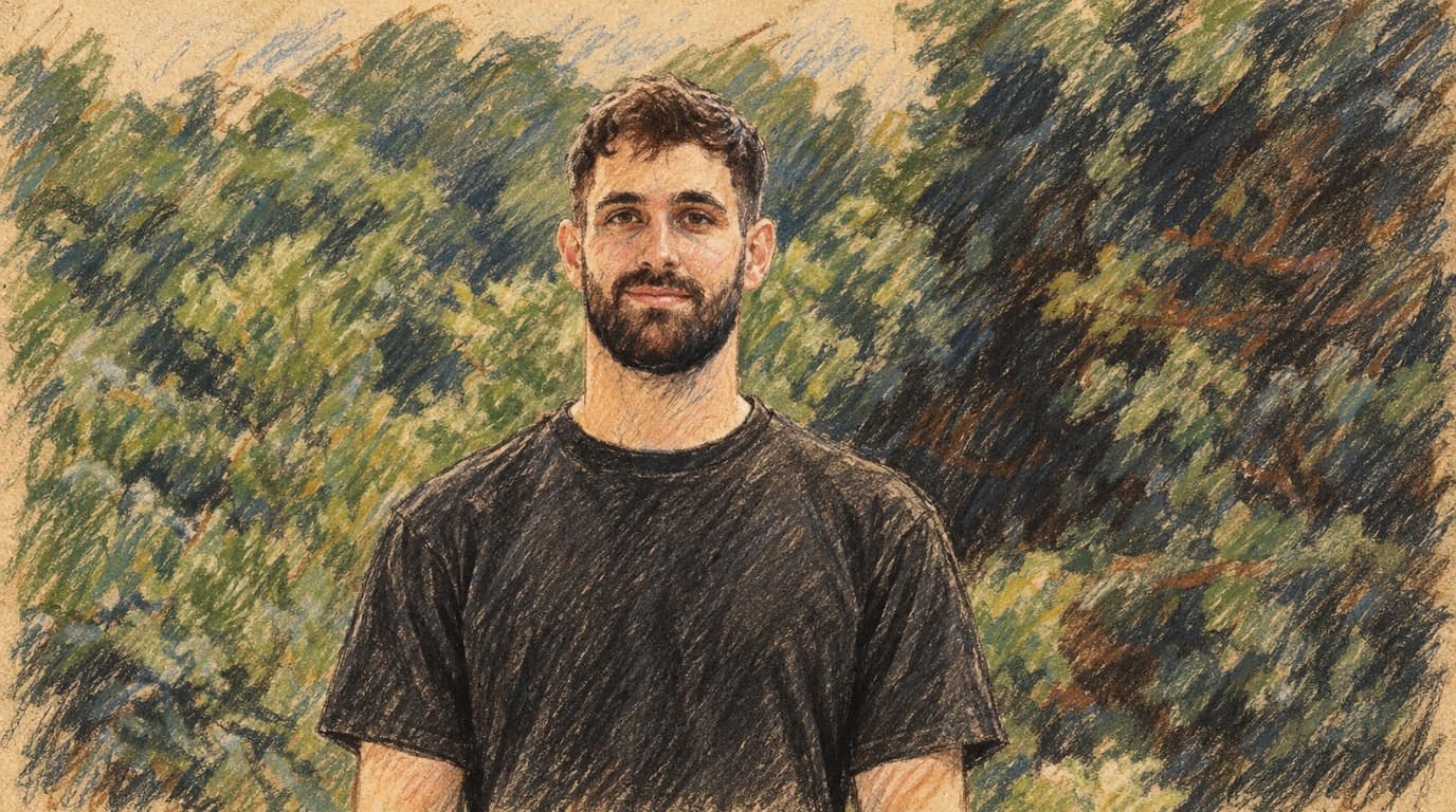 Courtroom-sketch editorial illustration of a bearded young cybersecurity researcher in a plain black T-shirt standing against dense leafy garden foliage.