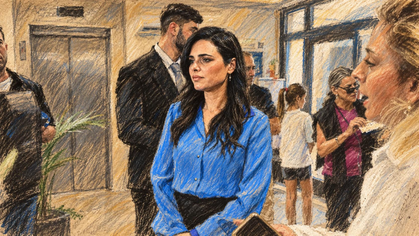 Courtroom-sketch editorial illustration of Ayelet Shaked standing in a blue blouse inside a public building, surrounded by reporters and bystanders.