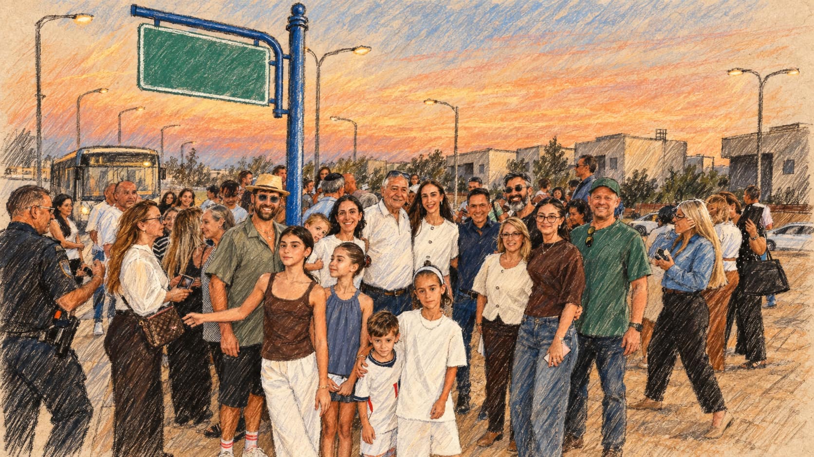 Courtroom-sketch editorial illustration of a multigenerational community group gathered beneath a new street sign at sunset, with streetlights, modern homes, and a bus in the background.