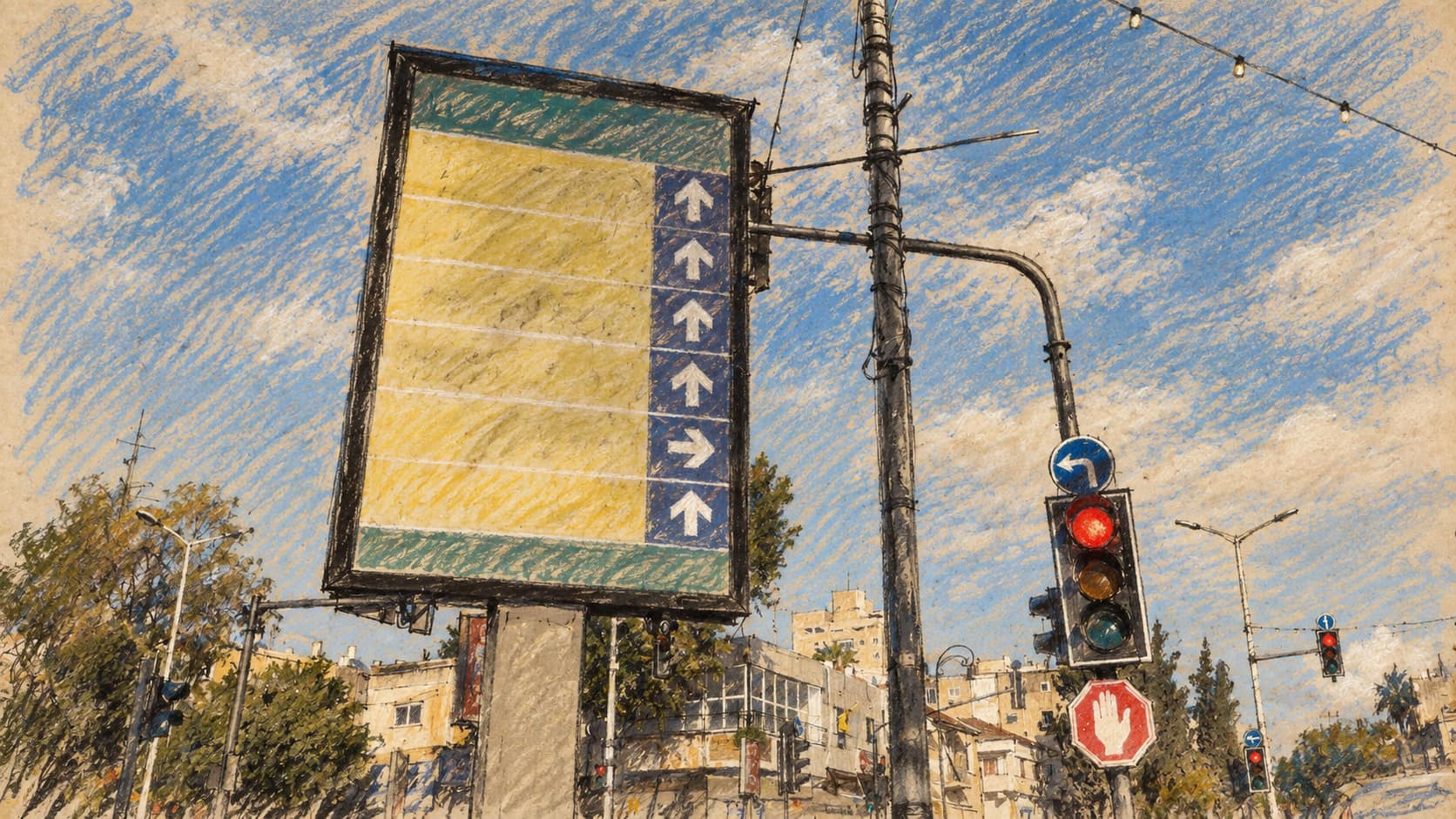 Courtroom-sketch editorial illustration of a Rehovot street intersection with a large overhead directional sign, red traffic lights, low buildings, and trees beneath a blue sky, drawn in warm ochre and slate-blue pastel with cross-hatching on sepia newsprint.