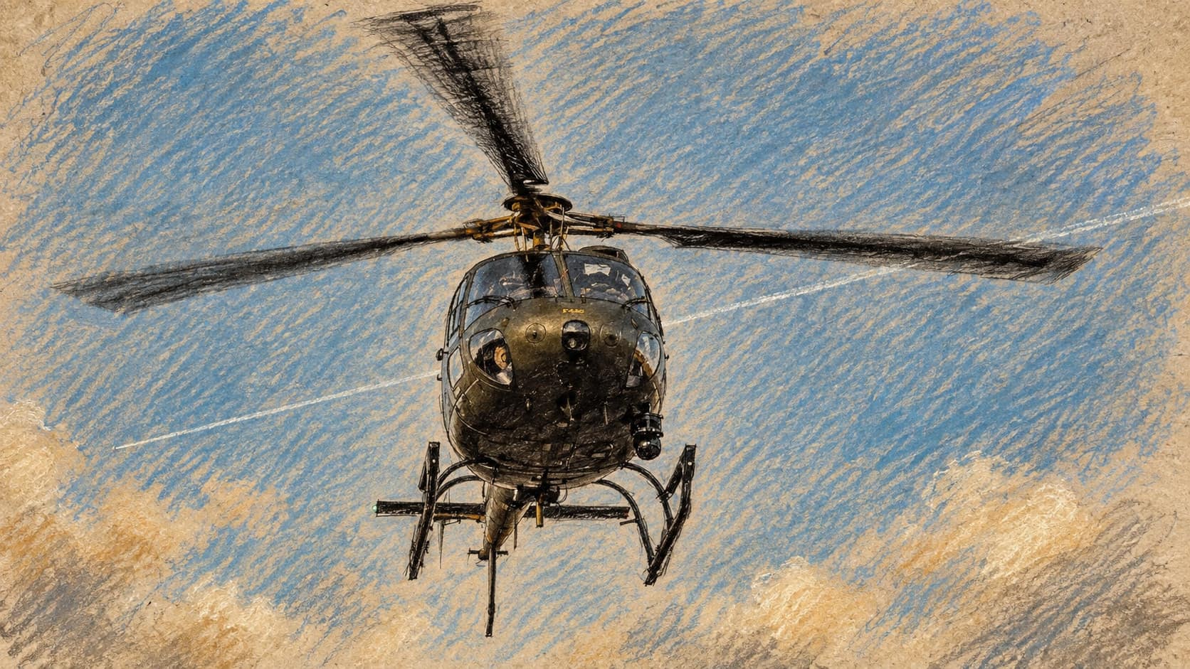 Courtroom-sketch editorial illustration of a dark military Fennec helicopter flying directly toward the viewer beneath its wide blurred rotor, rendered in warm ochre and slate-blue pastel strokes.