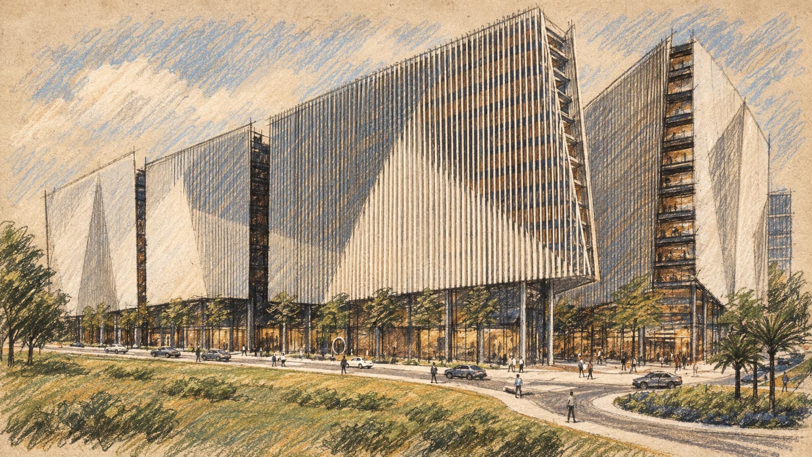 Courtroom-sketch editorial illustration of modern white-and-glass office buildings with vertical facade fins beside landscaped lawns, trees, a curved access road, cars, and pedestrians at Park Naimi.