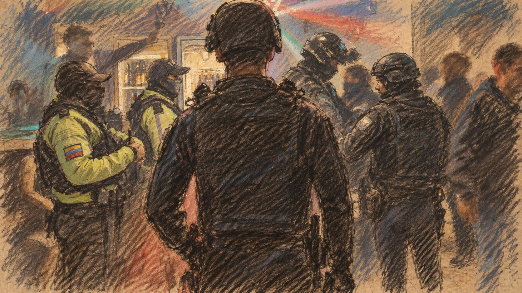 Courtroom-sketch editorial illustration of Ecuadorian police officers gathered inside a nightlife venue during a nighttime enforcement operation, rendered in warm ochre and slate-blue pastel strokes.