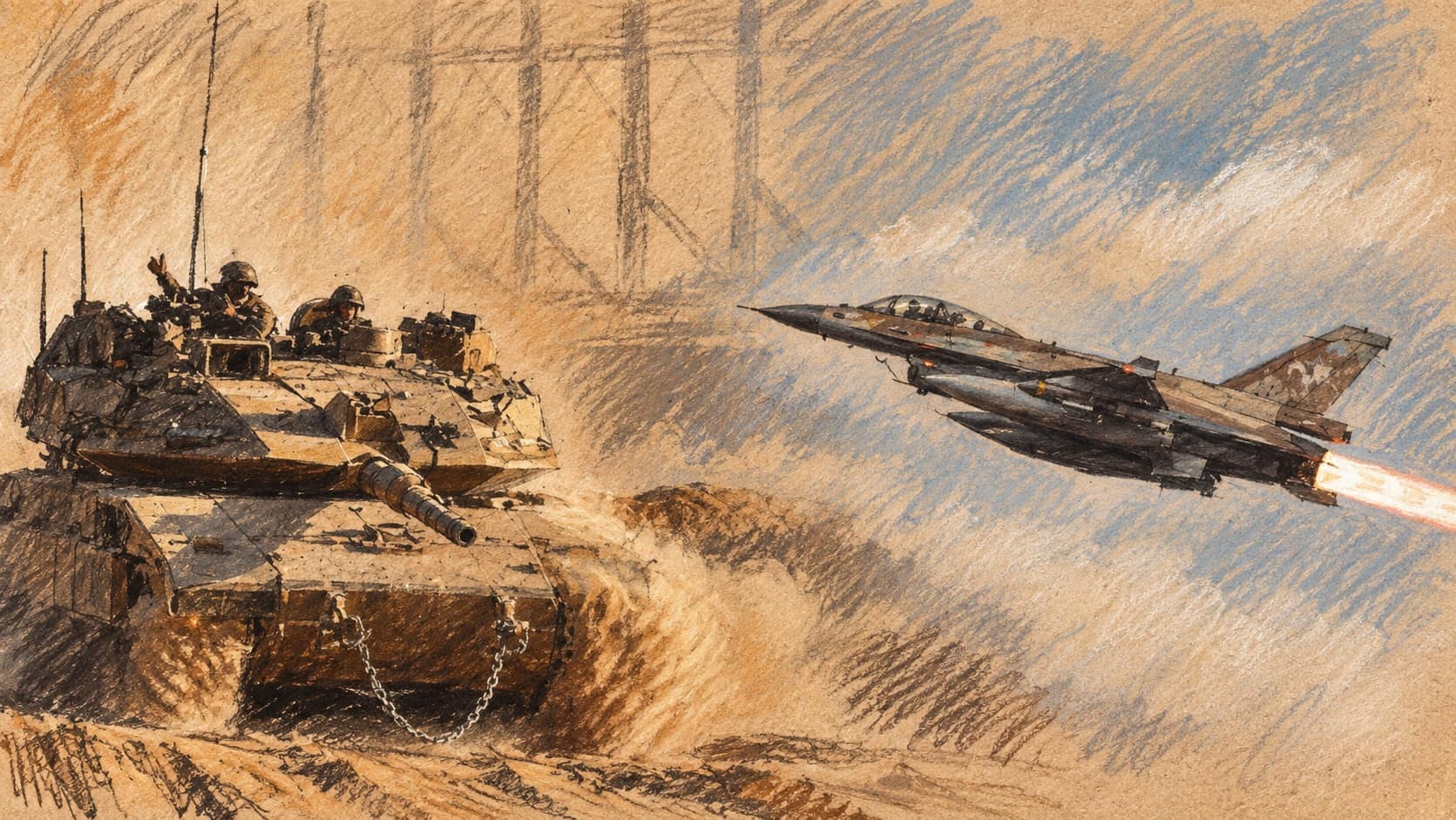 Courtroom-sketch editorial illustration of an armored tank advancing through a dusty landscape beside an Israeli fighter jet flying across a pale sky.