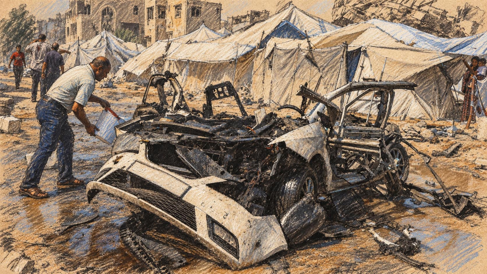 Courtroom-sketch editorial illustration of a man pouring water beside a burned-out white car near displacement tents and damaged buildings in Gaza City, drawn in warm ochre and slate-blue pastel with cross-hatching on sepia newsprint.