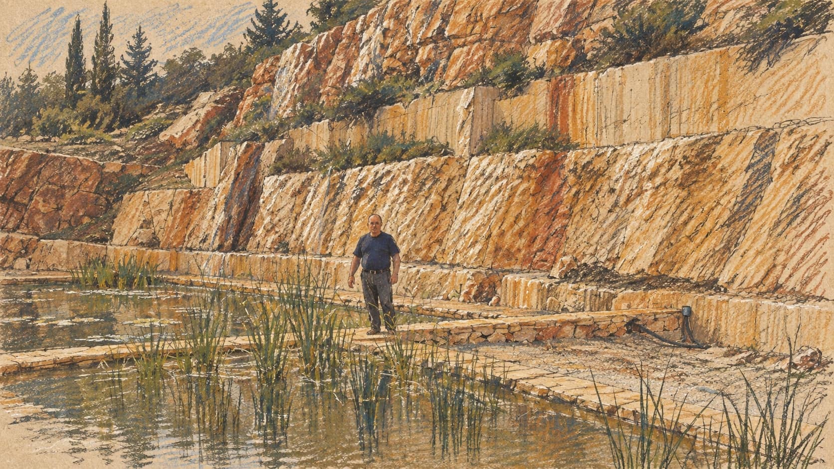 Courtroom-sketch editorial illustration of the pond and terraced rock walls in Karmiel's HaGalil Park, with one person standing on a narrow walkway beside the water.