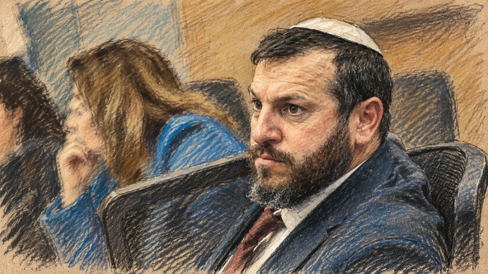 Courtroom-sketch editorial illustration of Heritage Minister Amichai Eliyahu in a white kippah and dark suit, seated in a formal meeting room with two blurred attendees behind him.