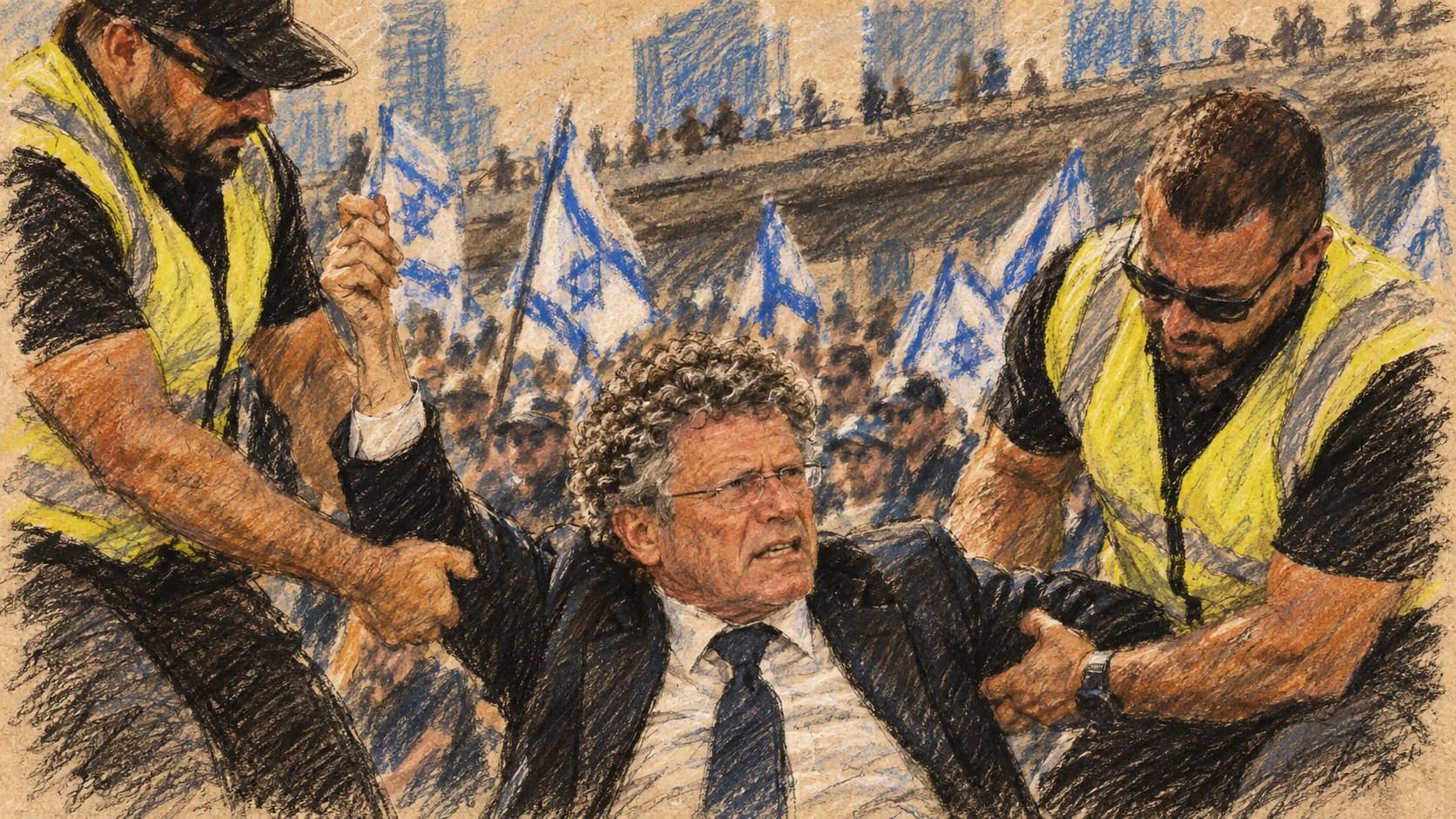 Courtroom-sketch editorial illustration of a suited man seated low as two men in yellow safety vests grasp his arms, with a crowd and Israeli flags behind them.