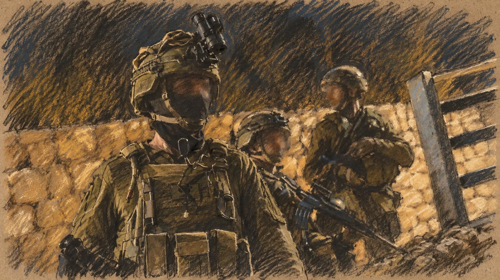 Courtroom-sketch editorial illustration of three IDF soldiers in tactical gear at night, one in the foreground and two behind near a stone wall and metal gate.
