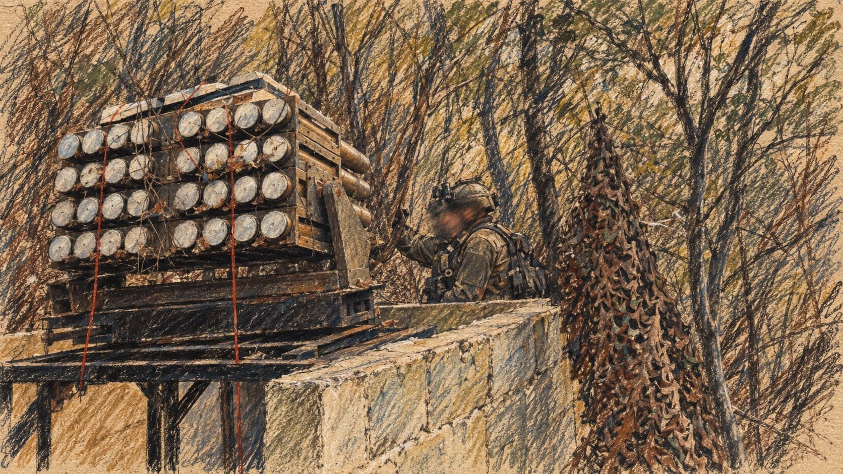 Courtroom-sketch editorial illustration of a camouflaged soldier beside a large rack of rocket launch tubes in dense woodland, with a low concrete barrier and hanging camouflage netting.
