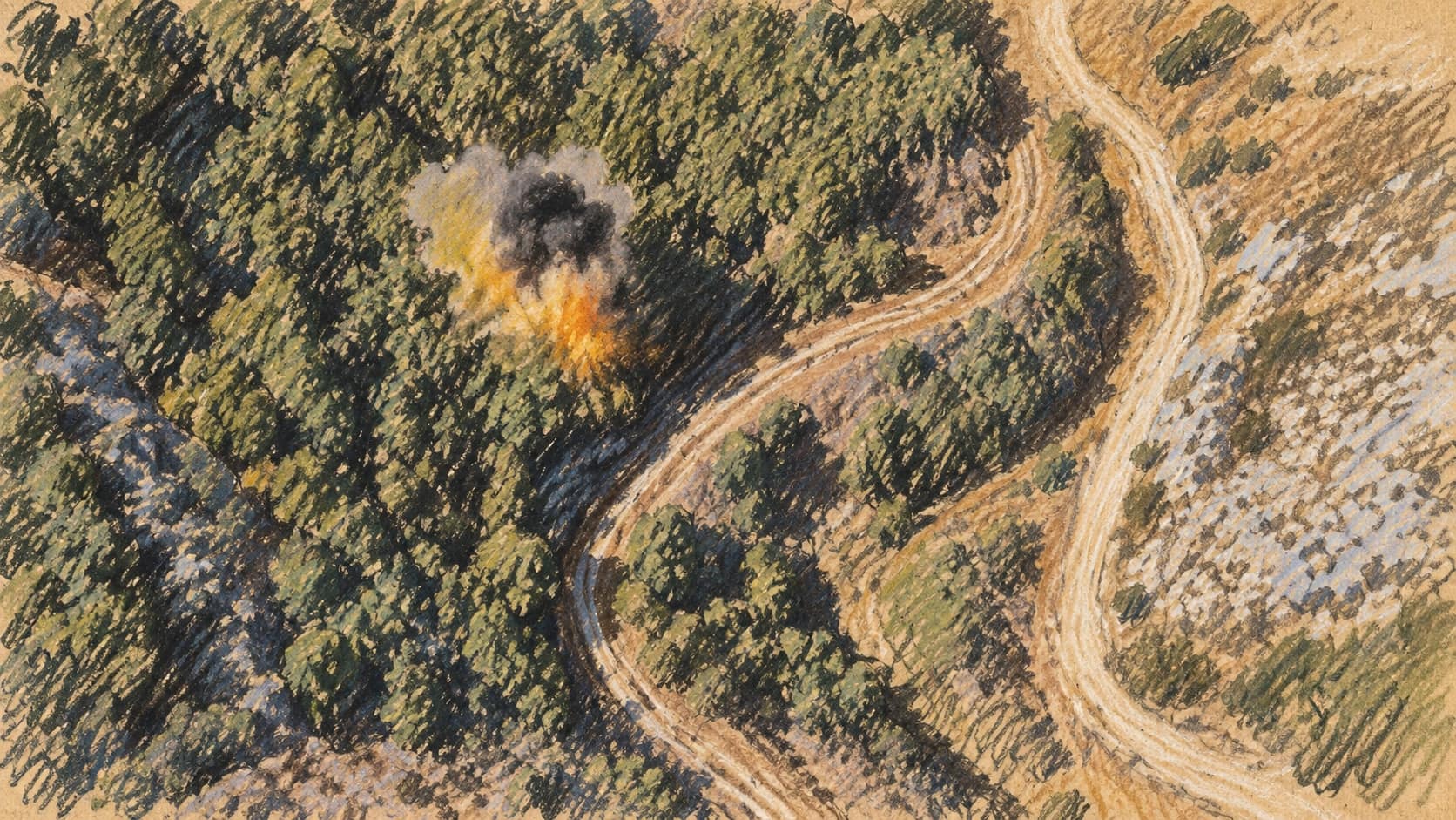 Courtroom-sketch editorial illustration of an aerial view over a wooded southern Lebanon hillside, with an explosion plume rising beside winding dirt tracks and rocky ground.