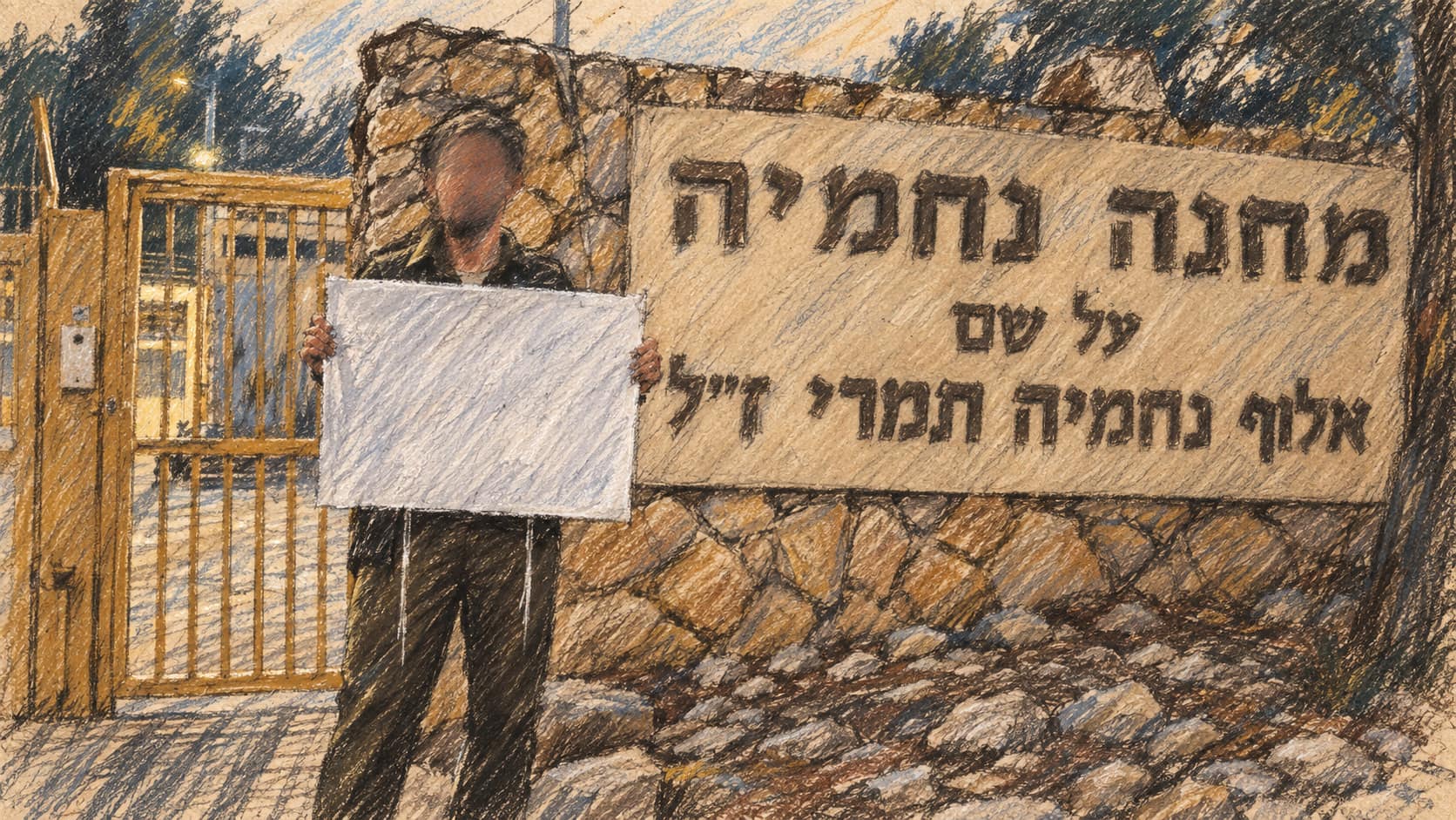 Courtroom-sketch editorial illustration of a lone demonstrator holding a placard beside a large stone entrance sign and metal gate, with trees behind the wall.
