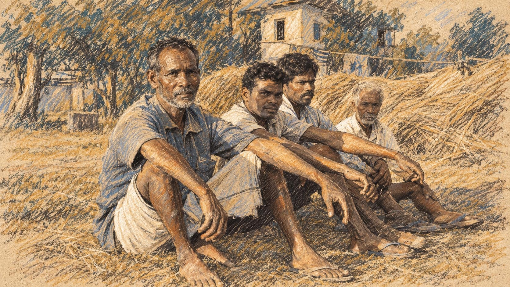 Courtroom-sketch editorial illustration of four rural labourers seated outdoors during a break at an Assam work site, rendered in warm ochre and slate-blue pastel strokes.