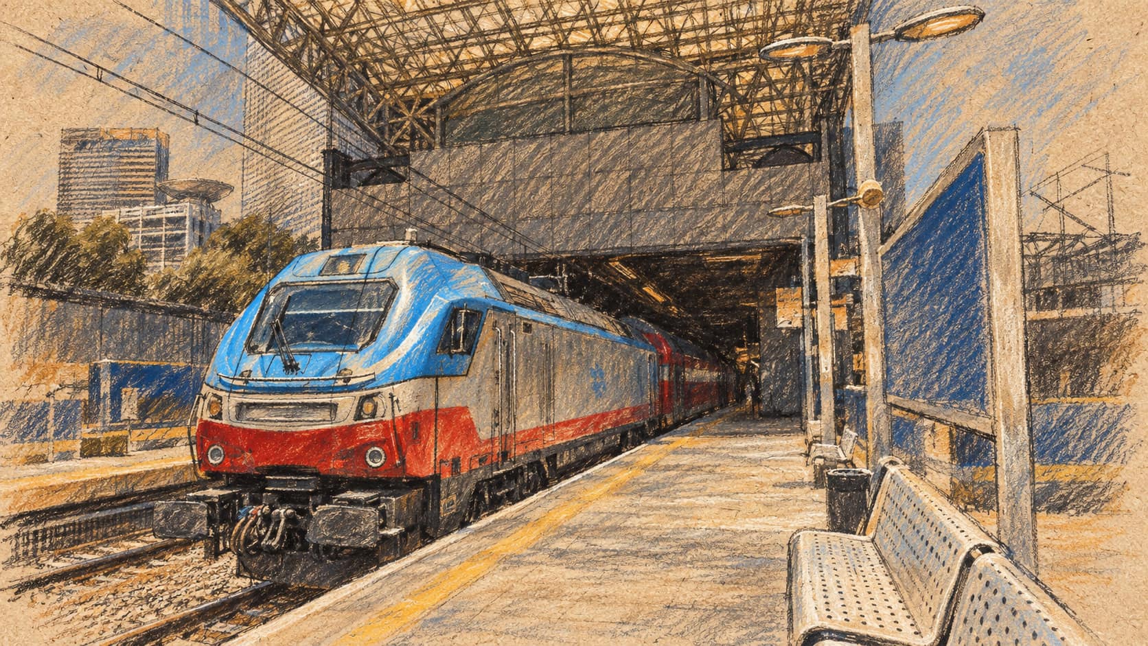 Courtroom-sketch editorial illustration of a blue-and-red Israel Railways locomotive beside a platform at Tel Aviv HaShalom station under a steel-and-glass canopy.