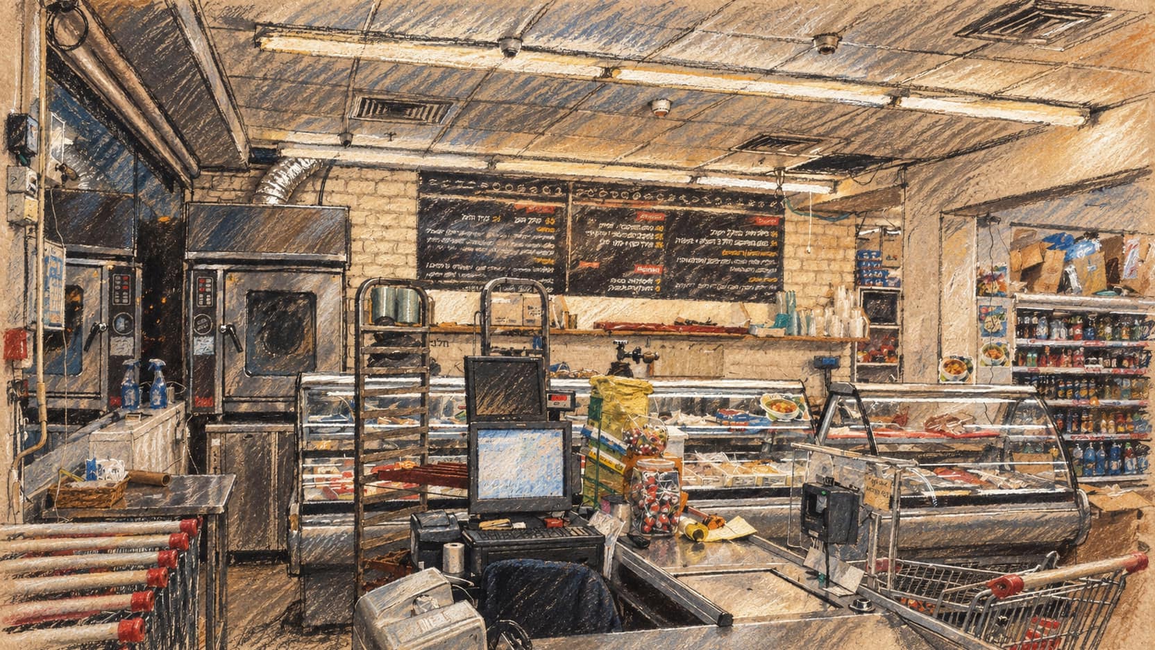Courtroom-sketch editorial illustration of an Israeli supermarket checkout area with shopping carts, checkout counters, groceries, display cases, and shelves.