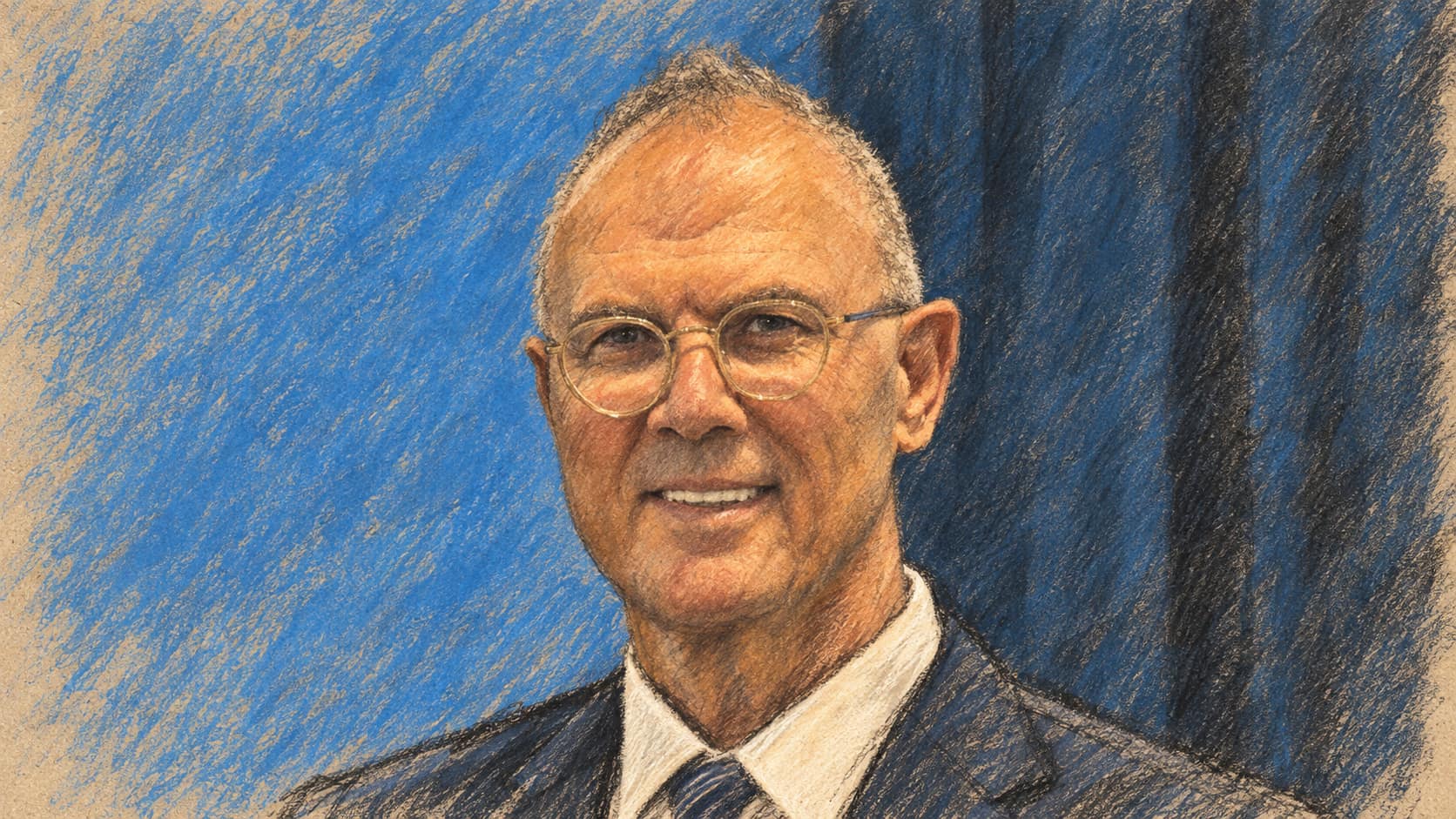 Courtroom-sketch editorial illustration of Israeli Ambassador to the UAE Yossi Shelley wearing glasses and a dark suit against a blue backdrop and dark curtain.