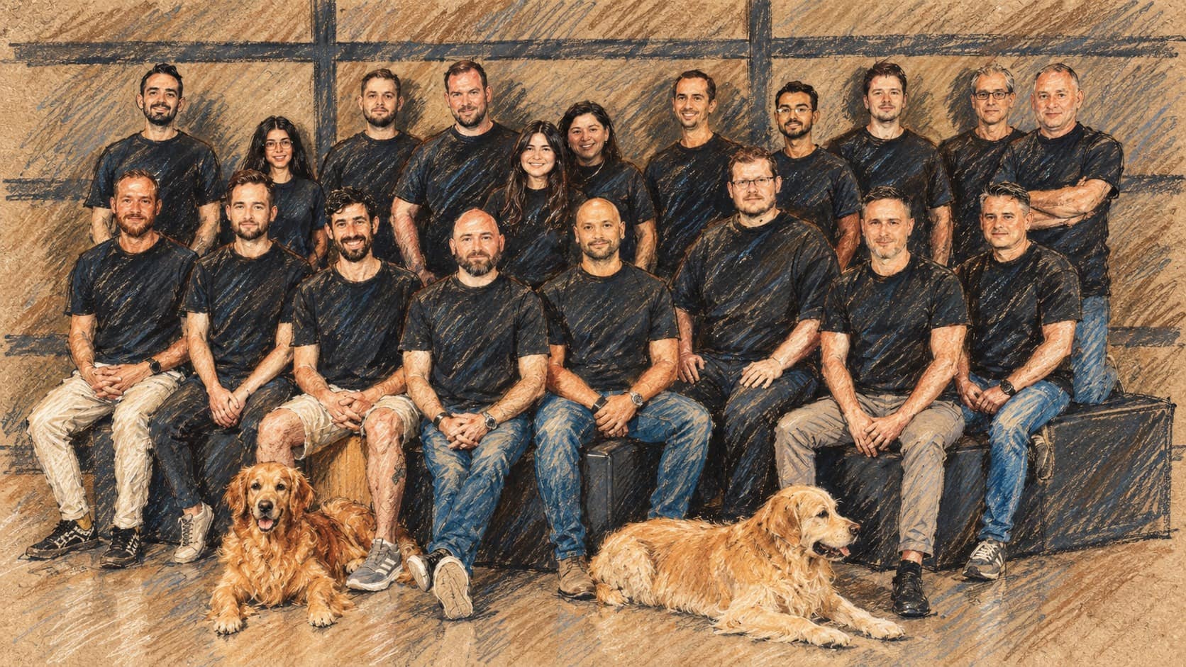 Courtroom-sketch editorial illustration of the Keewano team posed in two rows in an office with two golden retrievers in the foreground.