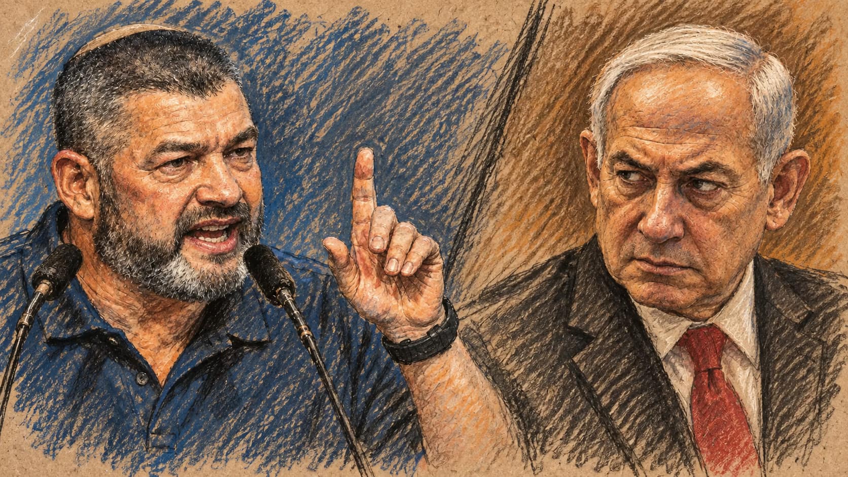 Courtroom-sketch editorial illustration of Ofer Winter speaking at microphones and raising one finger beside Benjamin Netanyahu looking toward him.