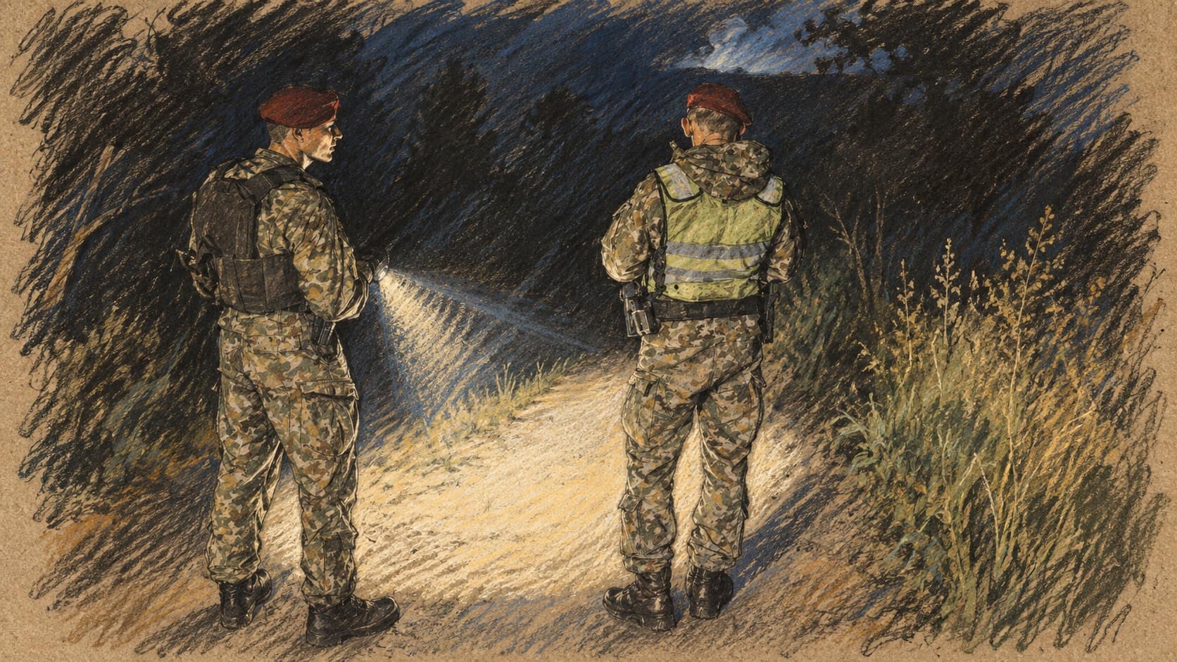 Courtroom-sketch editorial illustration of two Lithuanian military police personnel in camouflage standing on a dark rural road at night as a flashlight beam illuminates the roadside vegetation, rendered in warm ochre and slate-blue pastel strokes.