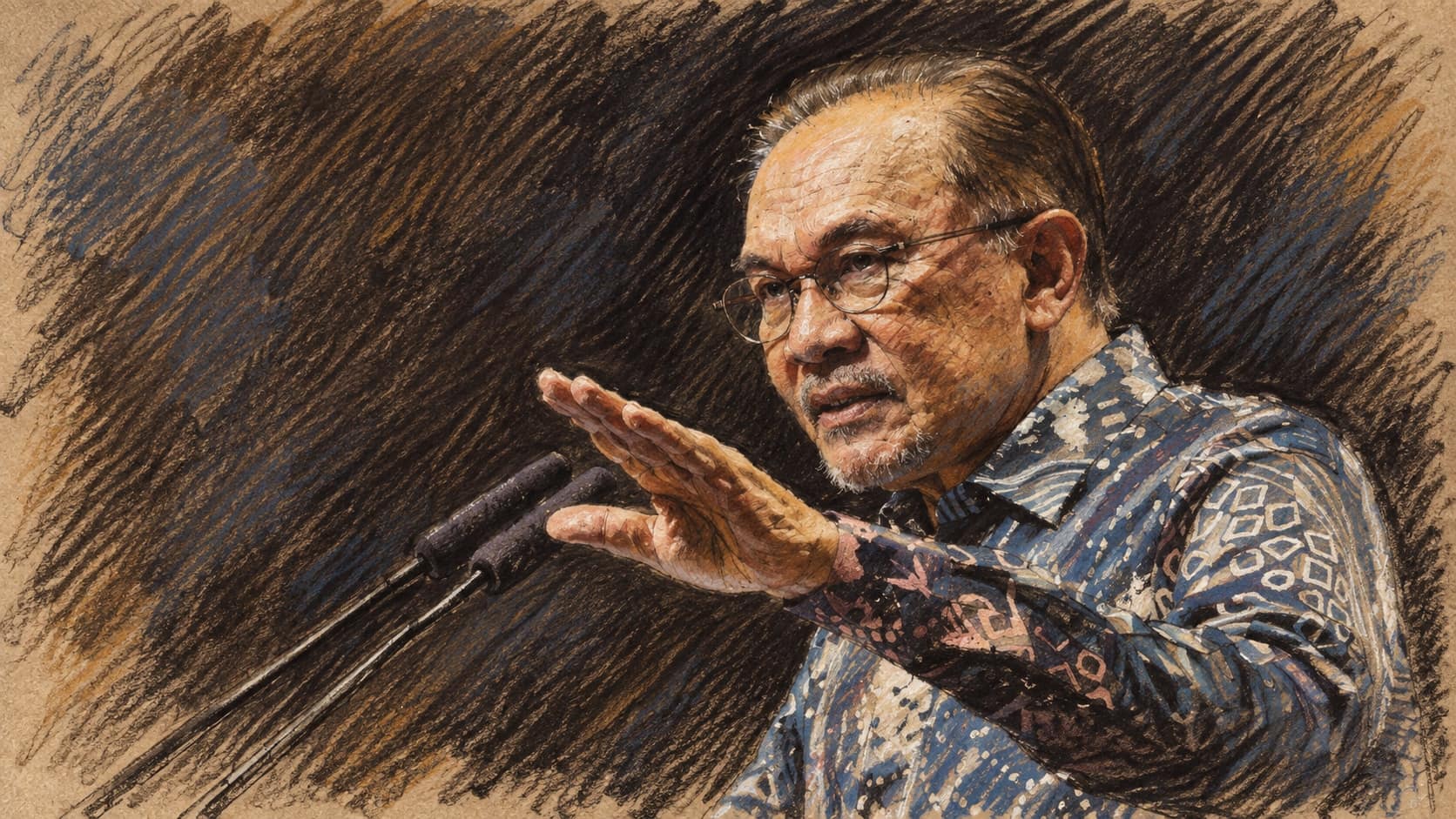 Courtroom-sketch editorial illustration of Malaysian Prime Minister Anwar Ibrahim speaking at microphones and gesturing with an outstretched hand against a dark backdrop.