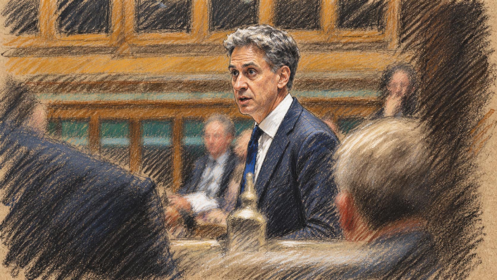 Courtroom-sketch editorial illustration of the British foreign secretary addressing the House of Commons, framed by seated MPs in the chamber.