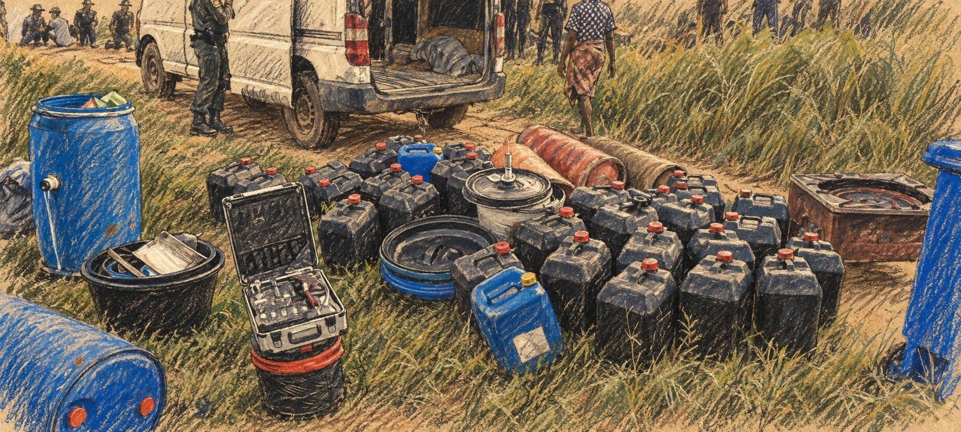 Courtroom-sketch editorial illustration of an outdoor law-enforcement scene with rows of chemical jerrycans, drums, hoses, and laboratory equipment on grass beside an open white van, rendered in warm ochre and slate-blue pastel strokes.