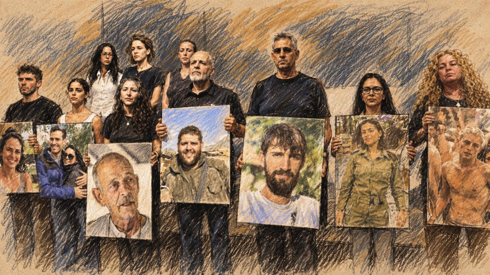 Courtroom-sketch editorial illustration of bereaved October 7 families standing together at a press conference and holding portraits of their murdered relatives and a policy dossier.