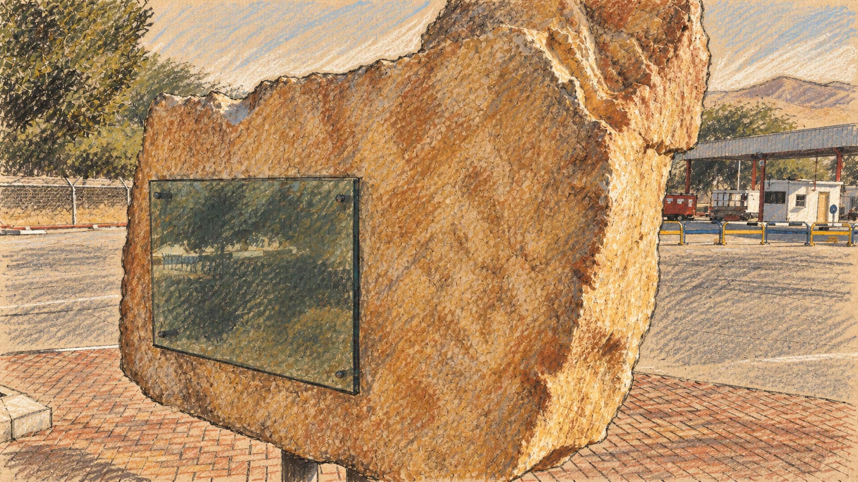 Courtroom-sketch editorial illustration of an irregular sandstone memorial slab with a dark glass plaque in front of roadway lanes, barriers, and booths at the Yitzhak Rabin border terminal.
