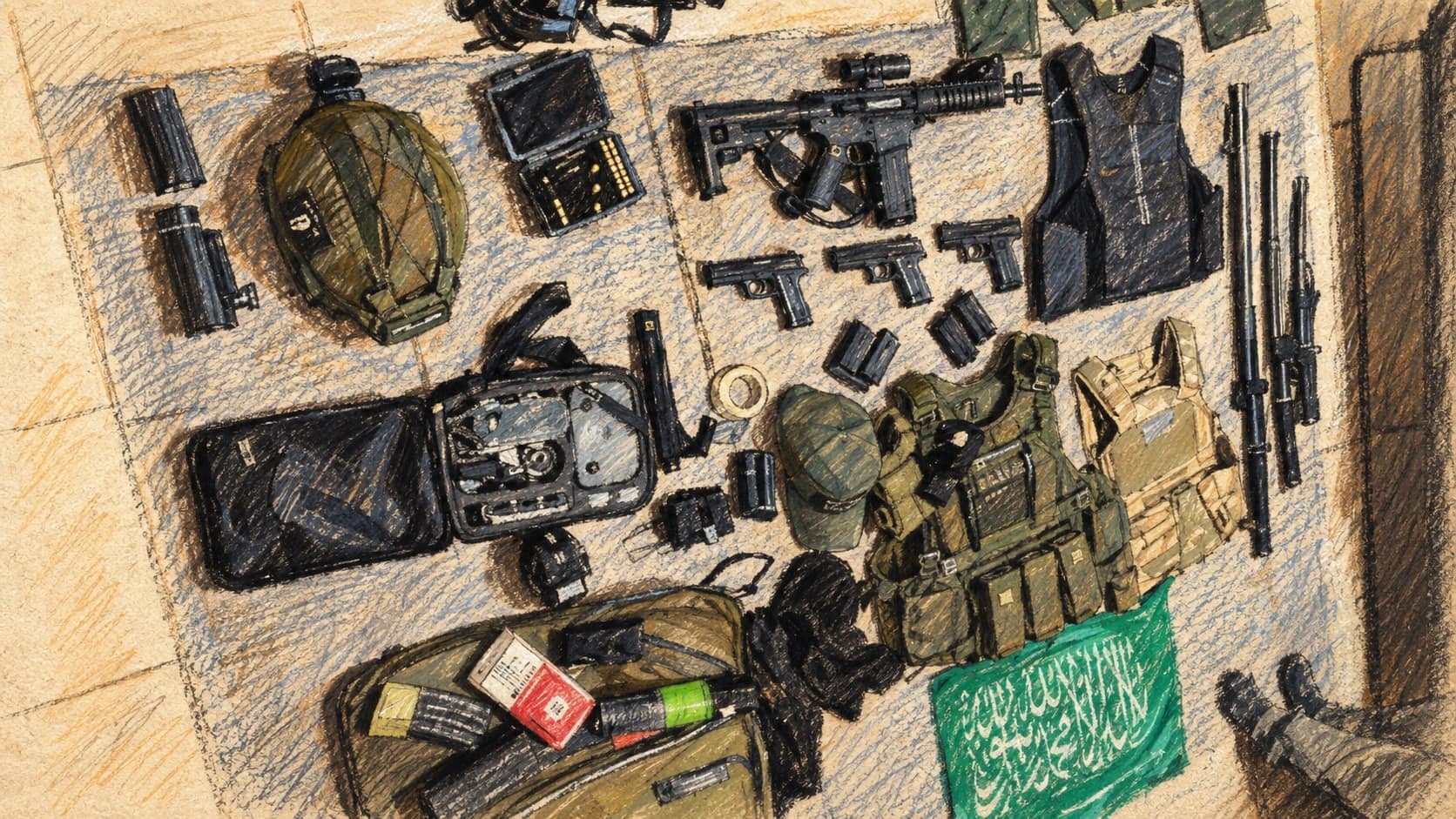 Courtroom-sketch editorial illustration of an overhead evidence layout with seized firearms, magazines, tactical vests, packs, protective equipment, and a green flag, drawn in warm ochre and slate-blue pastel with cross-hatching on sepia newsprint.