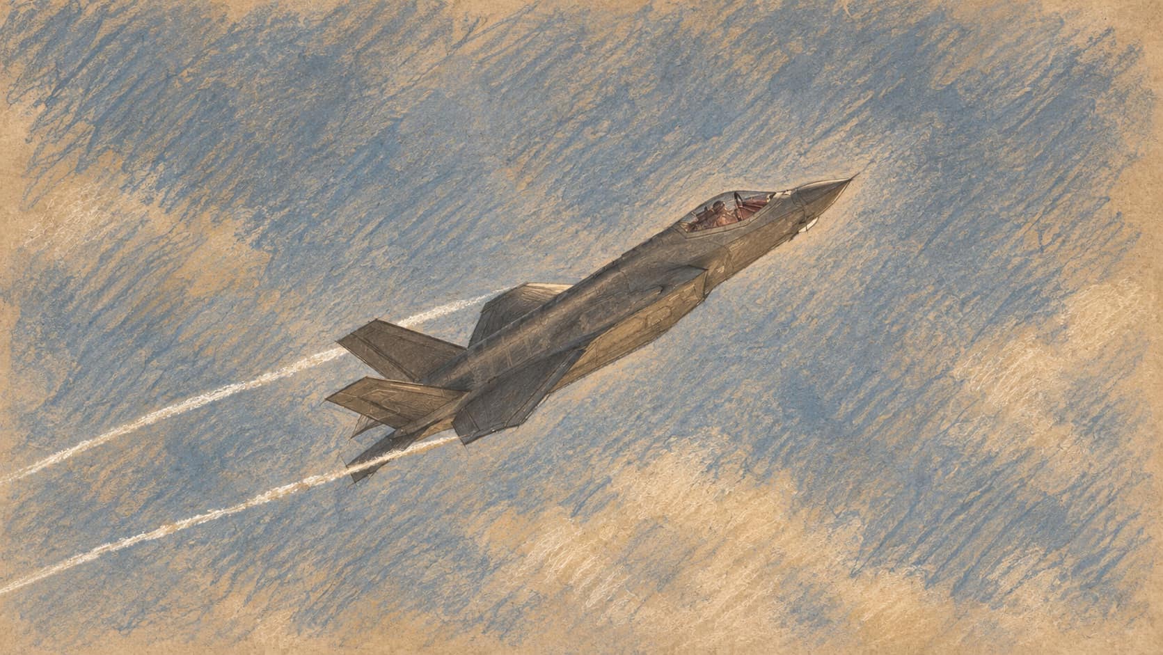 Courtroom-sketch editorial illustration of an F-35 aircraft banking upward against the sky with two vapor trails